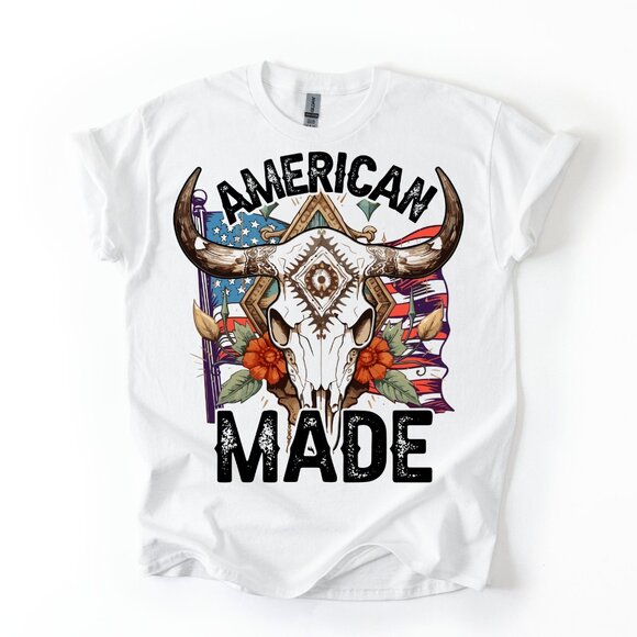 American Made Bull Skull T-Shirt Floral Southwestern USA Flag Patriotic Gift - Picture 1 of 3